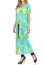 Women Long Cardigan See through Maxi Beach Cover Ups Trendy Fashion- Turquoise Flower Printed Cardigan