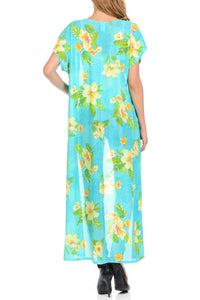 Women Long Cardigan See through Maxi Beach Cover Ups Trendy Fashion- Turquoise Flower Printed Cardigan