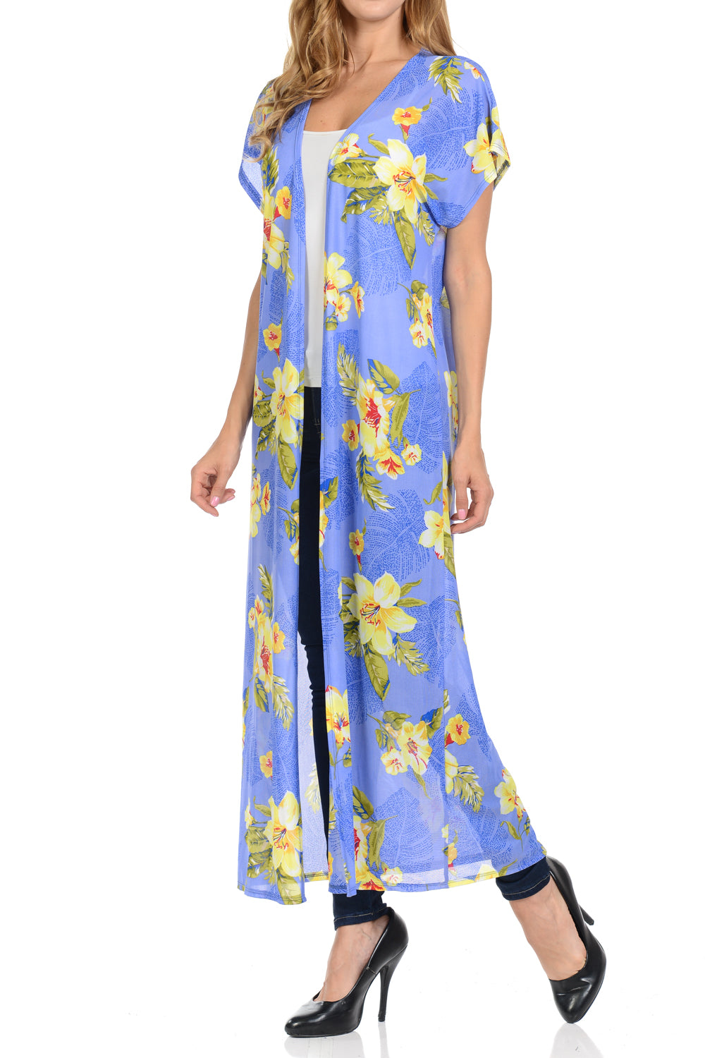 Women Long Cardigan See through Maxi Beach Cover Ups Trendy Fashion -Blue Flower Printed Cardigan