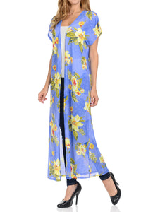 Women Long Cardigan See through Maxi Beach Cover Ups Trendy Fashion -Blue Flower Printed Cardigan