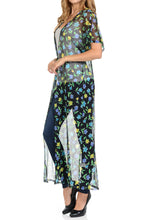 Women's Long maxi Cardigan See through beach cover up Trendy Fashion item Four seasons -Black Flower Printed Mesh Cardigan