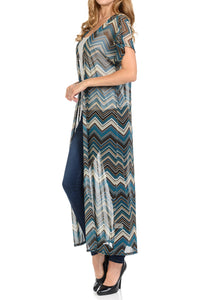 Women's Long maxi Cardigan See through beach cover up Trendy Fashion -Zigzag Printed Mesh Cardigan