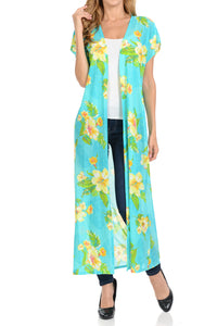 Women Long Cardigan See through Maxi Beach Cover Ups Trendy Fashion- Turquoise Flower Printed Cardigan