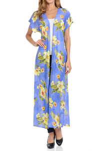 Women Long Cardigan See through Maxi Beach Cover Ups Trendy Fashion -Blue Flower Printed Cardigan