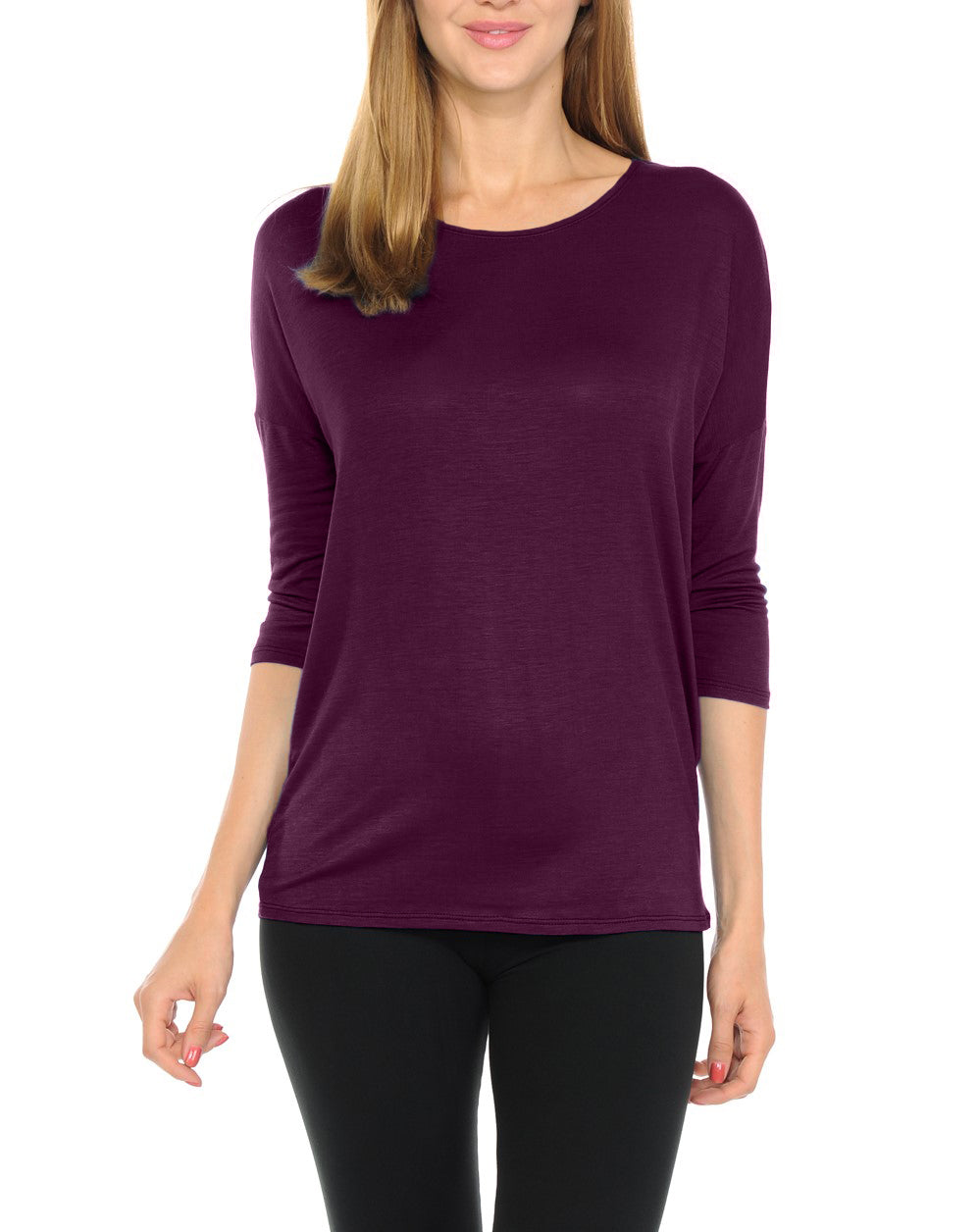 Women T-Shirts Super Soft Rayon Jersey Knit Top  3/4 Dolman Sleeves- 14 Color Variety -Eggplant