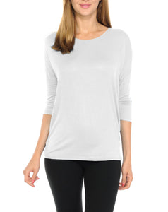 Women T-Shirts Super Soft Rayon Jersey Knit Top  3/4 Dolman Sleeves- 14 Color Variety -White