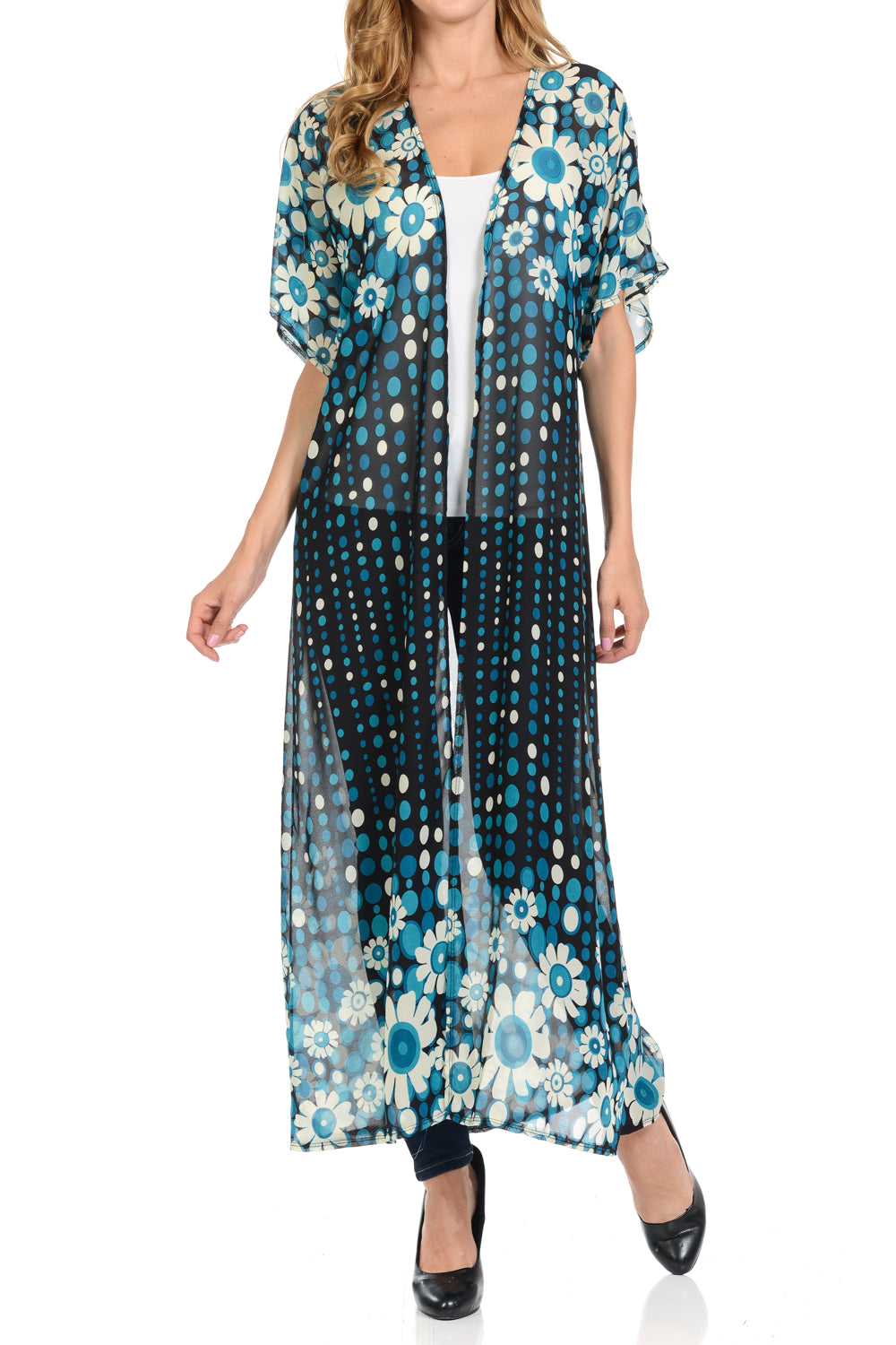 Women's Long maxi Cardigan See through beach cover up Trendy Fashion- BlackTeal Flower Printed Cardigan