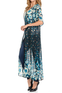 Women's Long maxi Cardigan See through beach cover up Trendy Fashion- BlackTeal Flower Printed Cardigan