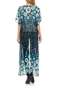 Women's Long maxi Cardigan See through beach cover up Trendy Fashion- BlackTeal Flower Printed Cardigan