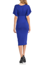 Women’s Midi Dress Kimono Sleeves High Waist Royal Blue- Front Overlap Slim Dress