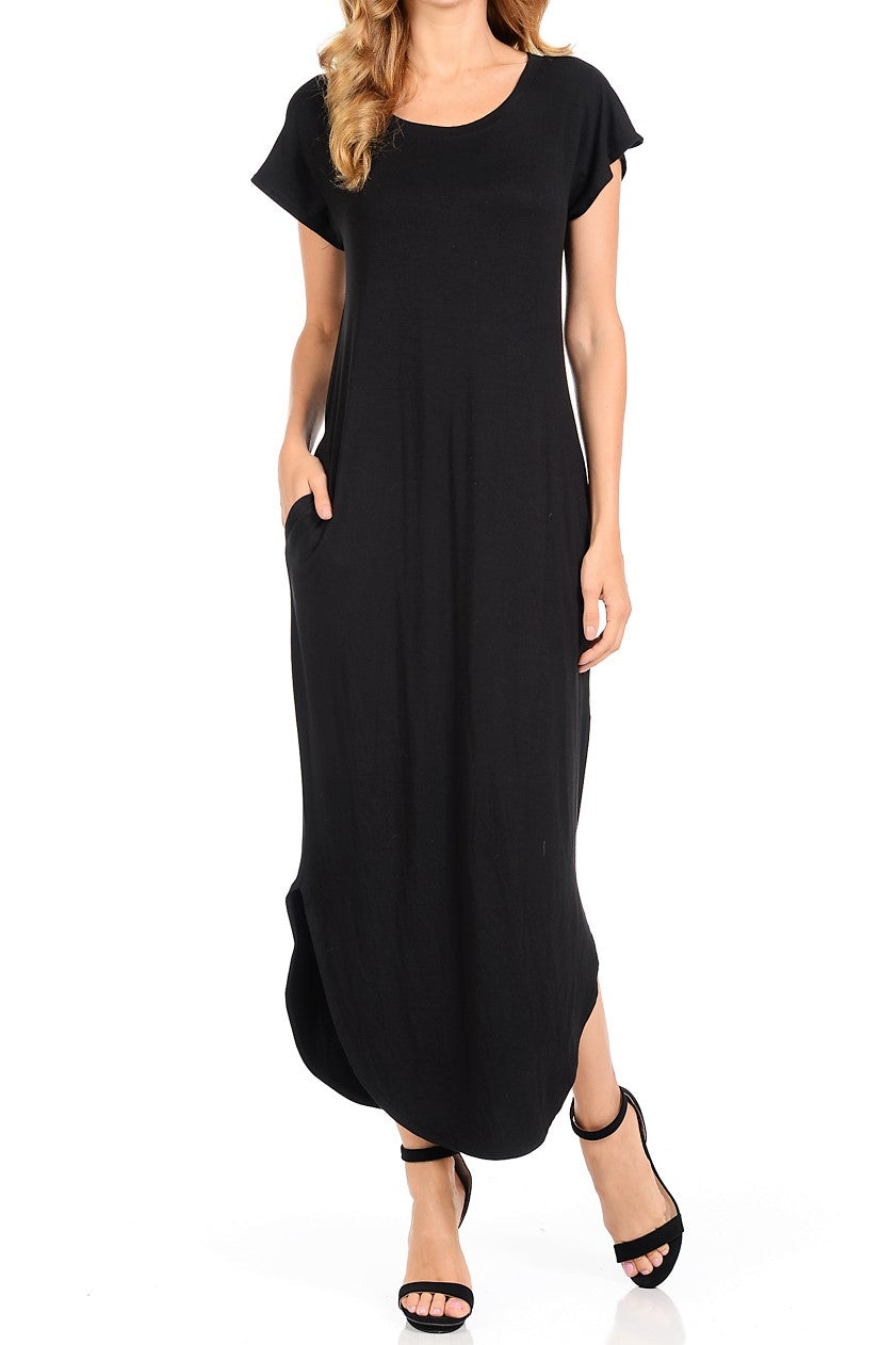 Women Maxi Dress with two side pockets Round Neck  Dolman Black Long Dress for Women