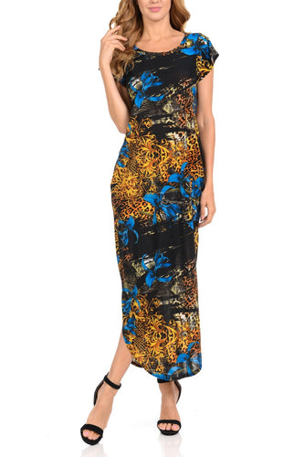 Women Maxi Dress Printed with two side pockets Round Neck Dolman Long Dress - jungle print