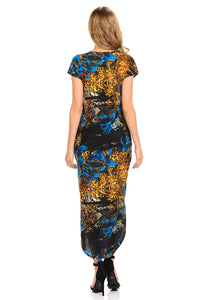 Women Maxi Dress Printed with two side pockets Round Neck Dolman Long Dress - jungle print