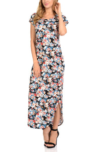 Maxi dress with two side pockets Round Neck  Dolman Various Printed Long Dress for Women