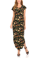 Women's Maxi dress with two side pockets Round Neck  Dolman Gleaf Printed Long Dress for Women