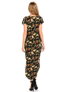 Women's Maxi dress with two side pockets Round Neck  Dolman Gleaf Printed Long Dress for Women