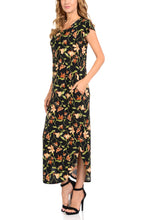 Women's Maxi dress with two side pockets Round Neck  Dolman Gleaf Printed Long Dress for Women