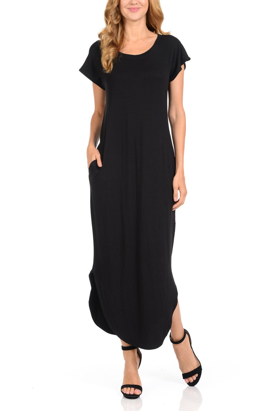 Women Maxi Dress Comfortable with Pockets Round neck Black Long Dresses